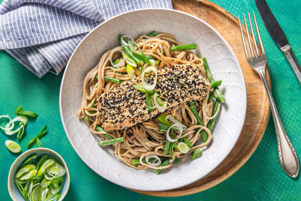 sesame crusted salmon on soba noodles