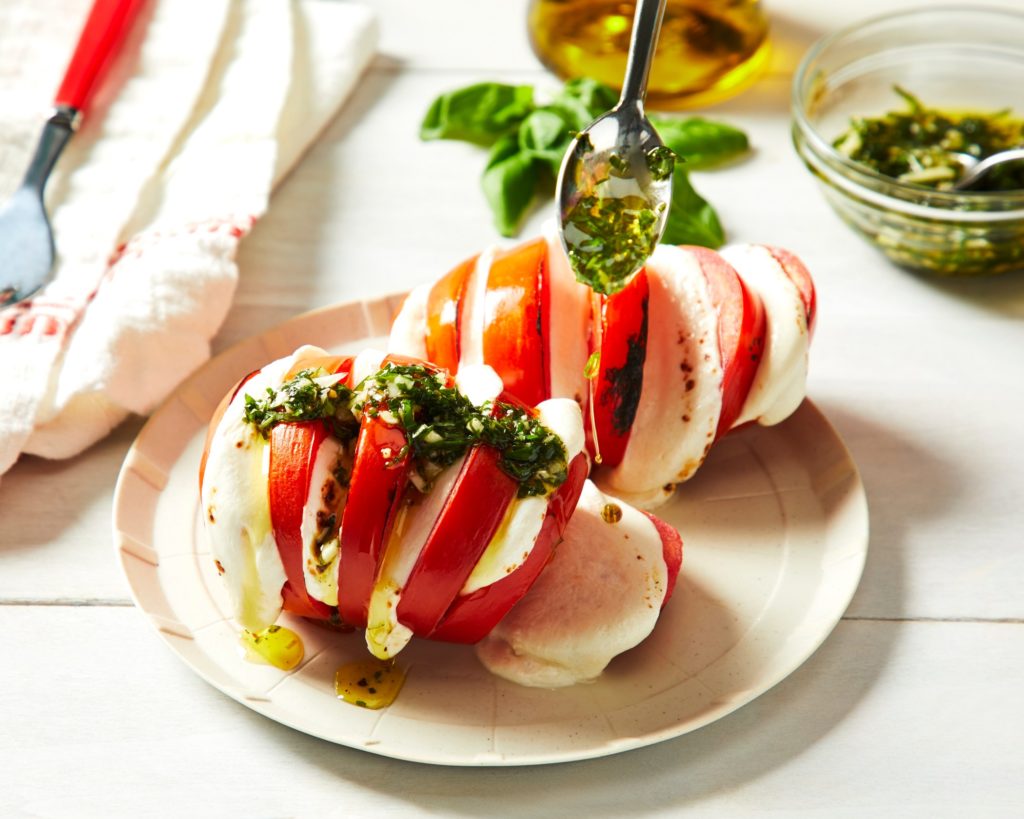 grilled hasselback caprese tomatoes and mozzarella