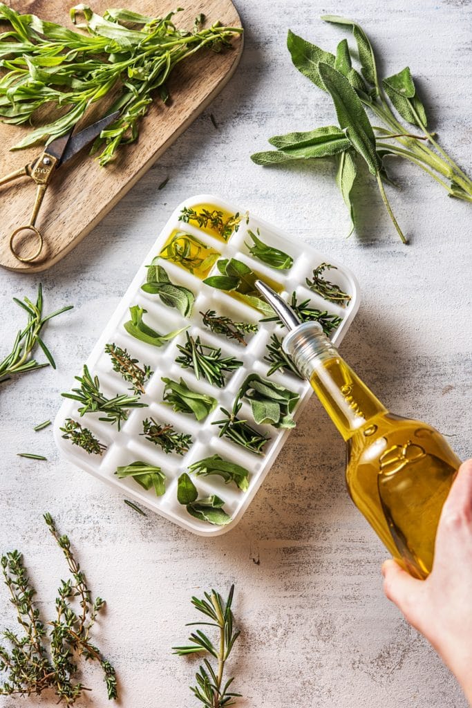 Pouring oil into ice cube tray to freeze fresh herbs