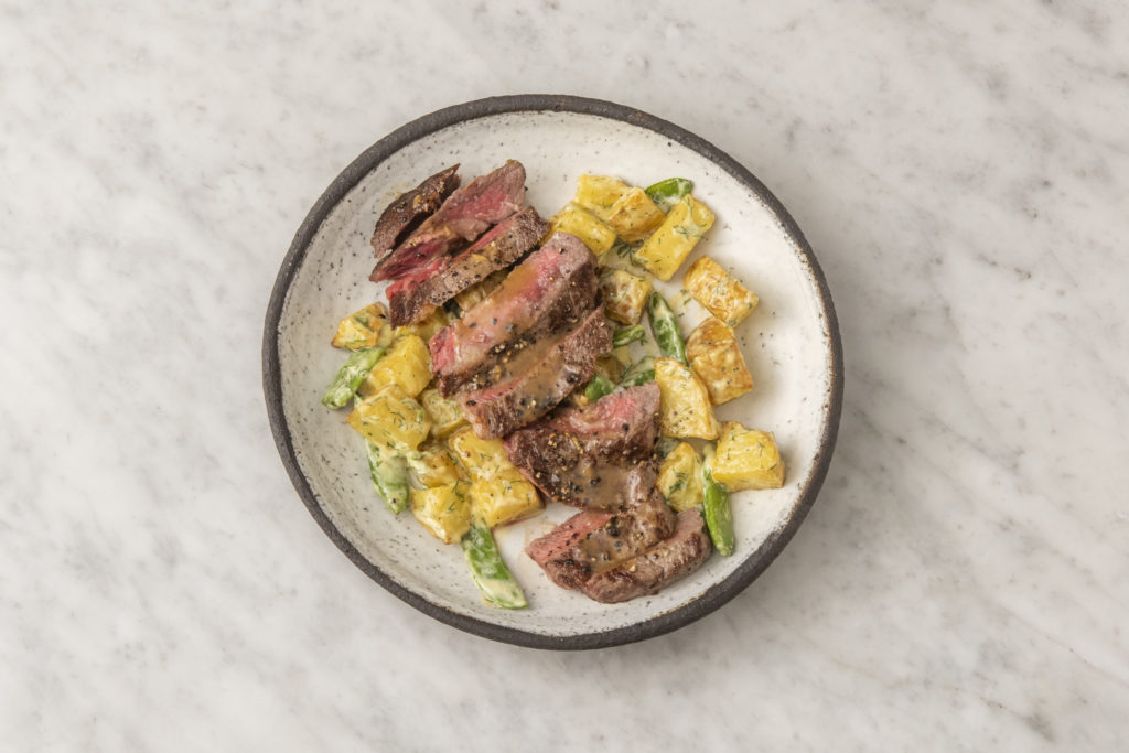Pan-seared steak with potato salad