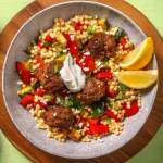 Shawarma Beef Meatballs with Roasted Veggie Couscous and Feta Cheese
